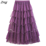 Sweet Multilevel Tulle Long Skirt Women Elastic High Waist A-line Pleated Mesh Skirt Gothic Lolita Female Jupe