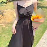 Women Vintage Black High-waist Slim Midi Dress Ladies Elegant Fashion V-neck Sexy Sleeveless Simple Chic Korean
