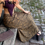 Fairy Grunge Y2K Low Waist Floral Print Maxi Skirts Goblincore Aesthetics A-line Brown Long Skirt Autumn Retro
