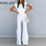 Women Elegant Solid Ruffle Straps Sleeveless Boot Cut Midriff Zipper Sexy White