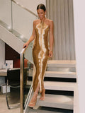 Metallic Halter Off Shoulder Maxi Dress Women Backless Sleeveless Slim Fit Robes 2024 Fashion Lady Evening Party