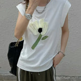 Sleeveless Flower Patch T Shirt Women 2022 Summer Top Cotton Crew Neck Casual Tshirt Korean Fashion Aesthetic