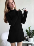 Neck Solid Knitted Ribbed Mini Dress Women Elegant Long Sleeve Slim Fit Short Dress 2023 Autumn Fashion Female Party