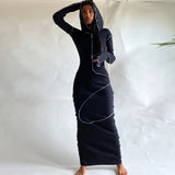 Long Sleeve Hooded Patchwork Skinny Maxi Dress Autumn Winter Women Fashion Streetwear Casual