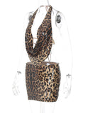 Leopard Print Sequin Backless Halter Top and Mini Skirt Two Piece Set- Outfit