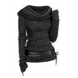 Cowl Front Lace Up Belted Sweater Spring Tops Tee For Women Solid Black Green Light Gray 211-1-Outfit