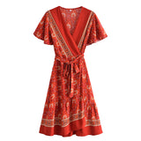 Queens Women Hippie Floral Print Deep V-neck Sashes Bohemian Mini Dress Ladies Short Sleeve Rayon Boho Dresses