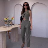 Zingj Summer New Solid Color Round Collar Button Top Temperament Straight Pants Suit Women-Outfit