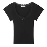 Lace Trim Square Neck Bow Short Sleeve TeeOutfit