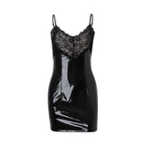 Lace Patchwork Pu Leather Slip Mini Dress-Outfit