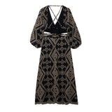 Cut Out Black Long Dress Women Embroidery Backless Dress Woman Puff Sleeve Vintage Gothic Dress 2023 Midi Summer