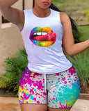 Pieces Suit Summer Women Outfit Holiday Lip Print Tank Top & Ink Splash Print Drawstring Shorts Set Women's Clothing