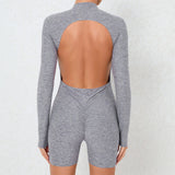 Zingj Collar Zipper Open Back Long Sleeve Onesie Dance Fitness Sports Onesie Sexy Tight Yoga Dress Woman- Outfit