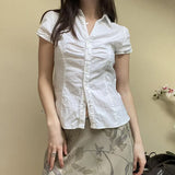 Solid Color Button Down Short Sleeve BlouseOutfit