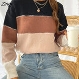 PETAL Colorblock Round Neck Sweater For Woman Casual Long Sleeve Waistcoat 2023 Spring Autumn Pullover Tops