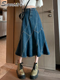 2022 Summer Korean Fashion Blue Denim Midi Long Skirt Women High Waist A Line Jeans Skirt