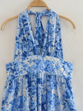 Print Halter Long Dress Women Blue Floral Backless Dress Woman Off Shoulder Sexy Summer Dresses Midi Holiday Party