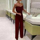 Feather Patchwork Lace-up Office Jumpsuit Summer New Women Solid Romper Overalls Sexy Sleeveless Wrap Wide Leg