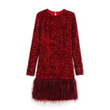Women's Clothing Spring 2025 New Glit Decorative Feathers Spliced Long-Sleeved Mini