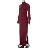 Turtleneck Long Sleeve Draped Slit Maxi Dress- Outfit