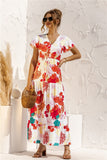Queens Women Floral Print Short Sleeve Beach Bohemian Maxi Dress Robe Ladies V-neck Boho Dresses