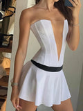 White Tube V-neck Contrast Pleated Mini Dress- Outfit