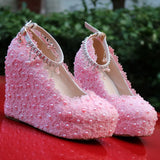 Lace Wedding Shoes Slope Heel Single Shoe Buckle With Slope Heel Waterproof Table Large Size Shoes