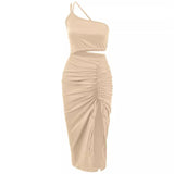 Summer 2025 New Solid Color Diagonal Shoulder Hanging Neck Waist Slit Pleated