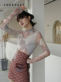 Sheer T Shirt Women Turtle Neck Mesh Top Painting Print Long Sleeve Tee Shirt Femme Body Tight Underwear Fall