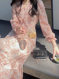 Summer Fairy One Piece Dress Korean Casual Vintage Floral Midi Dress Women Long Sleeve French Sweet Dress Office Lady