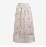 Embroidered Mesh Skirt Emale Spring Long Fairy Skirt Elastic Wasit A Line Flower Women Pleated Skirt Party