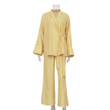 Zingj Women's Fall 2023 New Striped Long Sleeves, High Waisted Trousers Fashion Casual Suit-Outfit