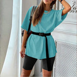 Solid Outfits Women's Two Piece Suit with Belt Home Loose Sports Tracksuits Fashion Bicycle Summer Hot Suit