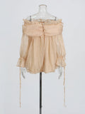 Temperament Sexy Breeze Net Yarn Shirt 2025 Summer New Lotus Leaf Side Spliced Shoulder Sexy Long-Sleeved