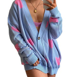 Women Y2K Grunge Vintage V-neck Ribbed Trim Sweaters Jacket Heart/Flower Print Button-down Cardigan Fall