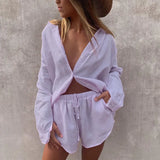 Spot 2025 Summer Women's Fashion Loose Long-Sleeved Shirt Casual Shorts Two-Piece