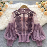 Zingj Sense Of Minority Three-Dimensional Flower Collage Perspective Net Gauze Lantern Sleeves Slim Short Blouse Women's Lace Bottomed