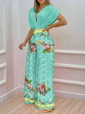 Casual High Waist Commute Bat Sleeve Jumpsuits Women V Neck Wide Leg Pant Playsuit Fashion Printed Pants Office