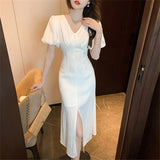 New Elegant Midi Dress For Women Solid One Piece Slim Clothing Femme Fashion Party Prom Clothing