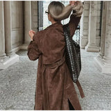 Brown Suede Long Belt Trench Coat-Outfit