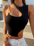 Cut Out Rib Knit Crop Top Women Summer Y2K Clothes High Street Grunge Asymmetrical Neck Sleeveless Tank Top