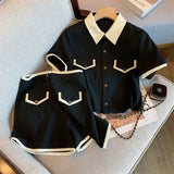 Black Shorts Sets Short Sleeve Turn-down Collar Shirts Hight Waist Shorts High Street Harajuku Solid Hot Casual