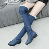 Women's Gorgeous Blue Denim Over The Knee Boots Flat Heel Thigh Boots Zipper Autumn Winter Woman Shoes 2018 Size