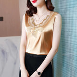 Fashion Top Woman V-neck Tank Tops Printed Vintage Ladies Crop top Female Women's T-shirt Satin Lace Summer Woman