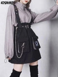 Zingj Women Gothic Punk Lolita Dress Casual High Waist Long Sleeve Girl Fake Two Piece Contrast Patchwork Dresses+Belt Outfit 1215-1-Outfit