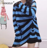 Gothic Long Unisex Sweater Summer Women Striped Cool Hollow Out Hole Broken Jumper Loose Rock Thin Dark Streetwear