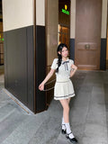 Girl College Style Suit Women's Autumn Knitted Pleated Dress Turn-down Collar Bow Top Two-piece Set Fashion Female