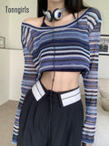 Grunge Aesthetic T Shirt Women Striped Crop Tops Long Sleeve Knitted America Retro Smock Fairycore Tee Tops