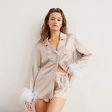Blue long-sleeved shirt top + shorts two-piece suit casual pajamas women's home service fashion women's feather