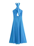 2023 Woman Halter Long Dress Women Cut Out Blue Backless Dress Woman Pleated Off Shoulder Summer Elegant Party